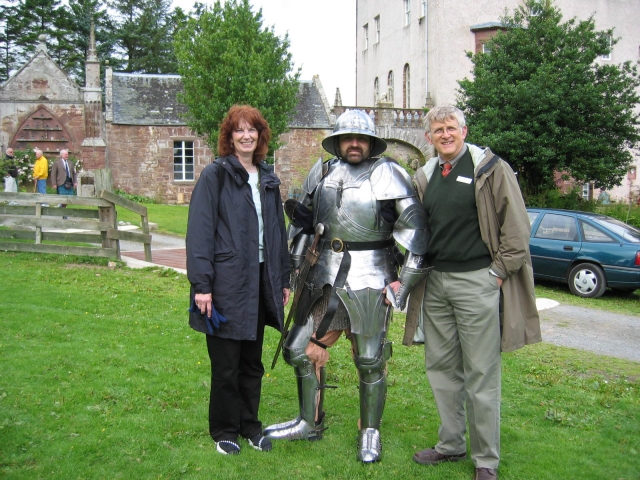Beth Divelbiss Steinbrecher with new husband, Jeff Bauer, and a knight in England 2005